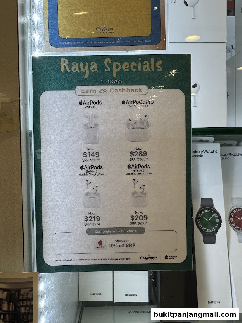 A promotional flyer for Raya Specials at Challenger, featuring AirPods and AirPods Pro with prices and cashback offers.