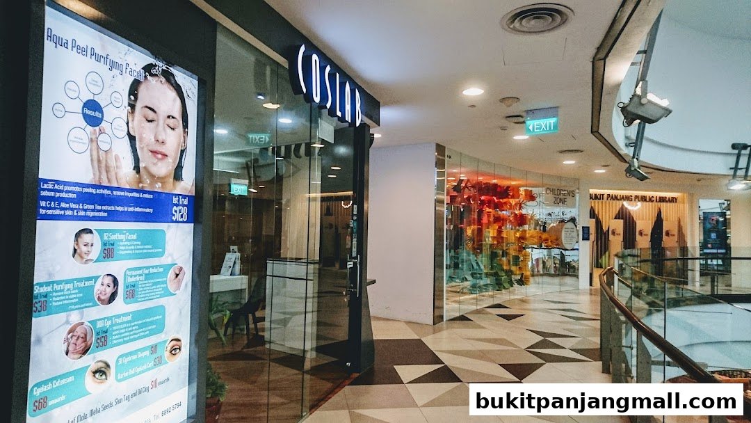 The exterior of Coslab Beauty Spa with a promotional display showcasing various facial treatments and prices.