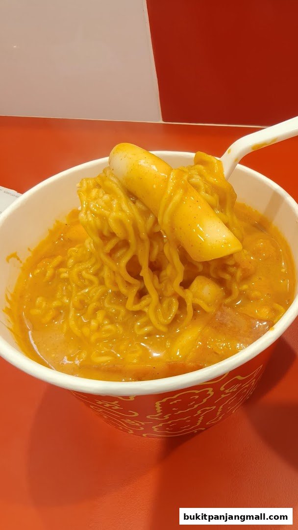 A close-up of Korean fried chicken with noodles and tteokbokki in a red and white bowl.