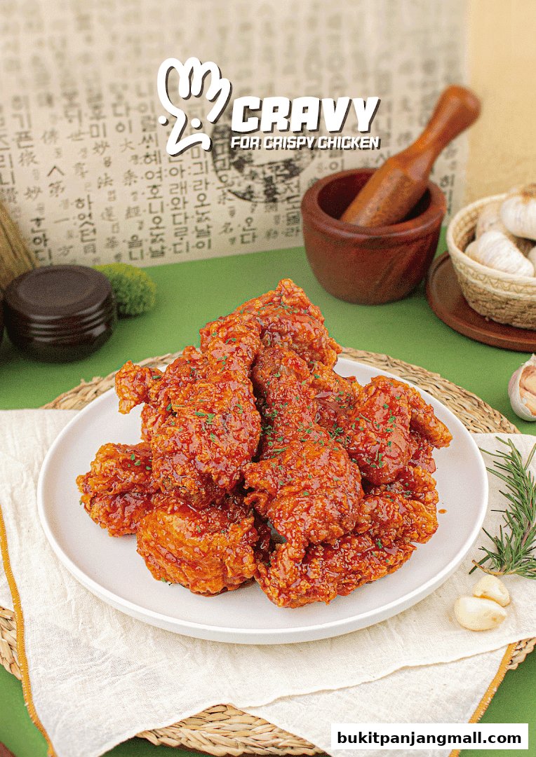A plate of crispy Korean fried chicken coated in a glossy sauce, with garlic and herbs.