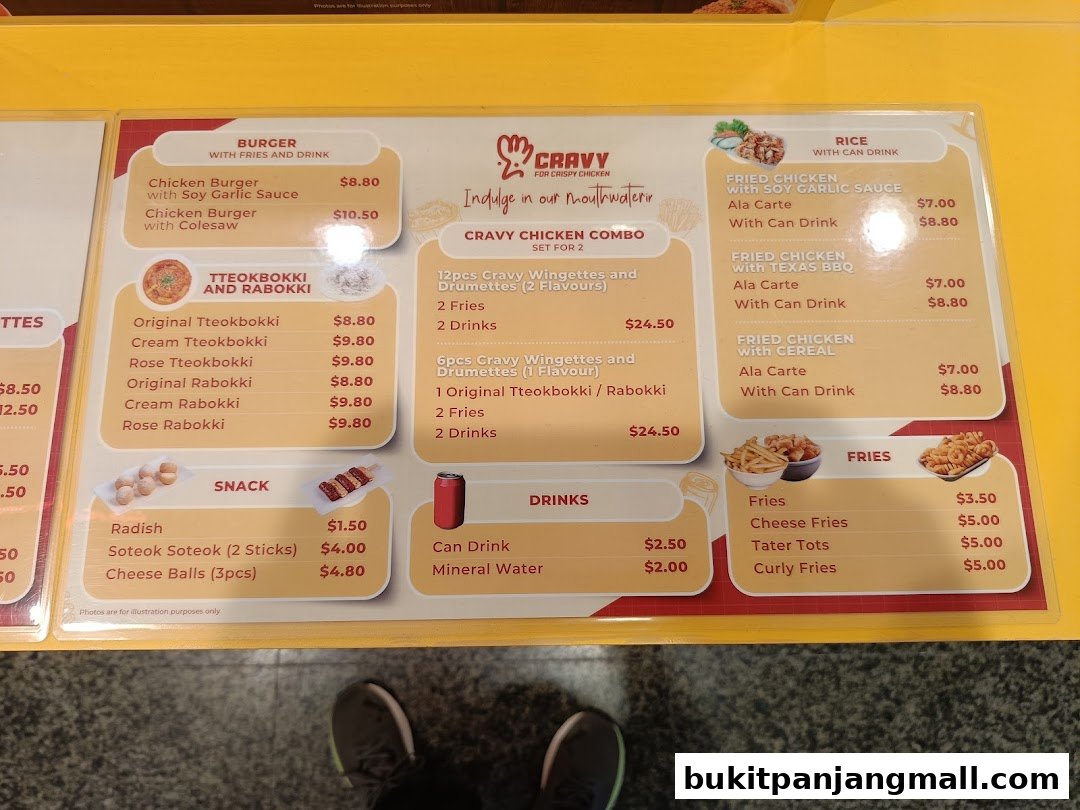 A menu for Cravy Chicken featuring burgers, tteokbokki, fried chicken, snacks, drinks, and fries.