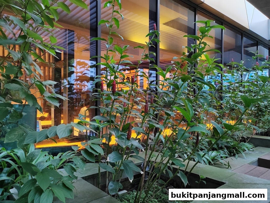 Lush green plants with red flowers in front of a modern building with reflective windows.