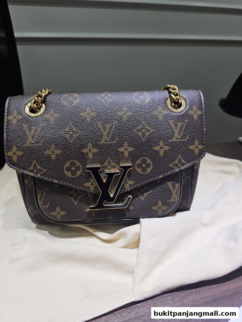 A close-up shot of a brown Louis Vuitton monogrammed handbag with a gold chain.
