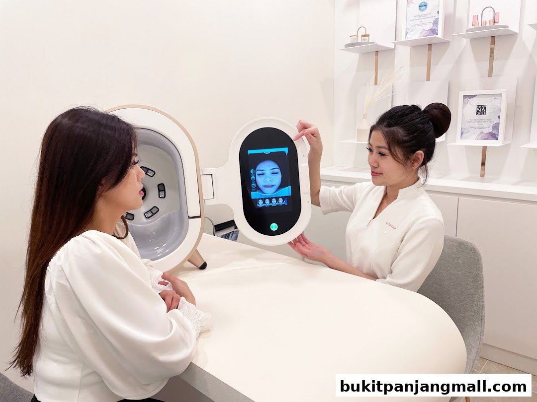 A beauty consultant uses a skin analysis machine on a client.