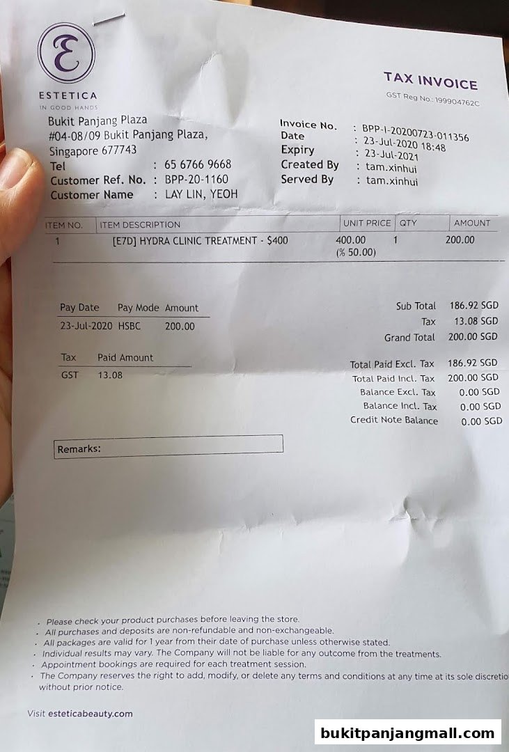 A tax invoice from Estetica Beauty for a Hydra Clinic Treatment.