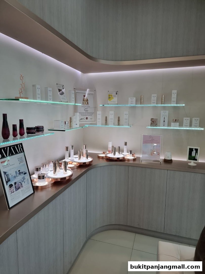 Estetica Beauty shop interior showcasing skincare products on illuminated shelves and displays.