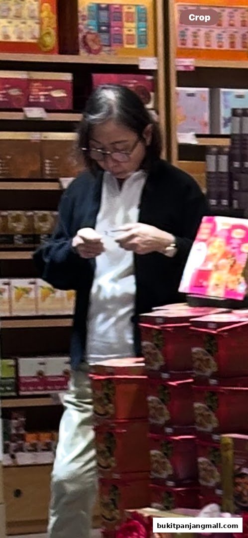 A person stands in a shop aisle, surrounded by shelves of boxed products.