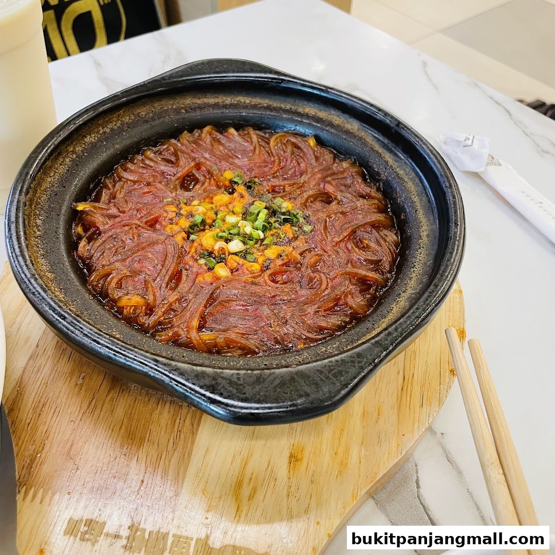 A close-up of a hot pot dish with noodles, garnished with green onions and chili flakes.