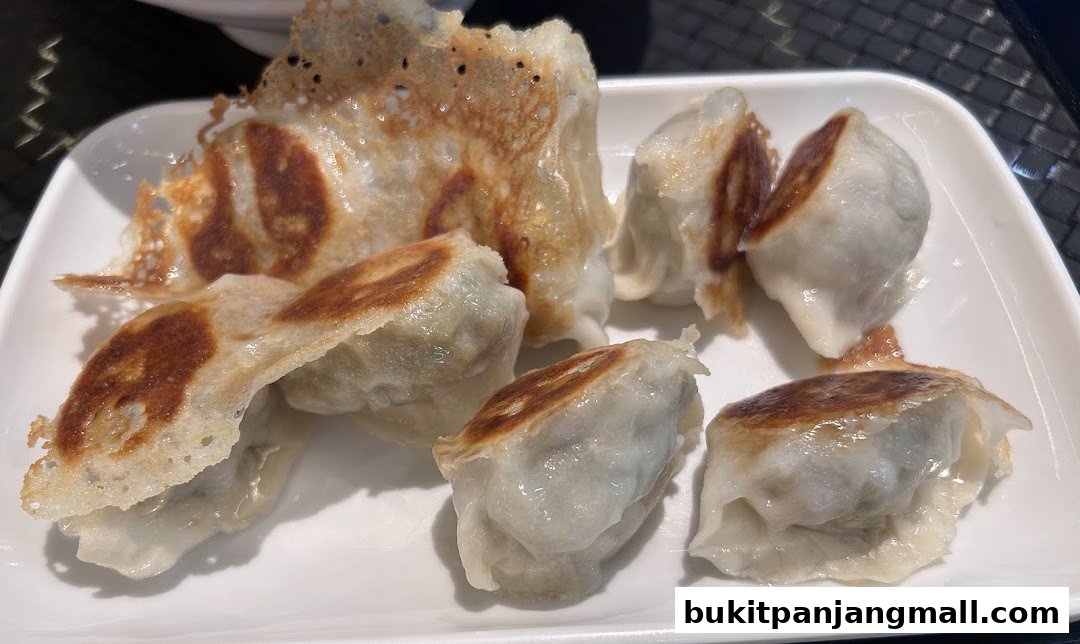 A plate of freshly pan-fried dumplings with a crispy bottom, served at Flourful Delight.
