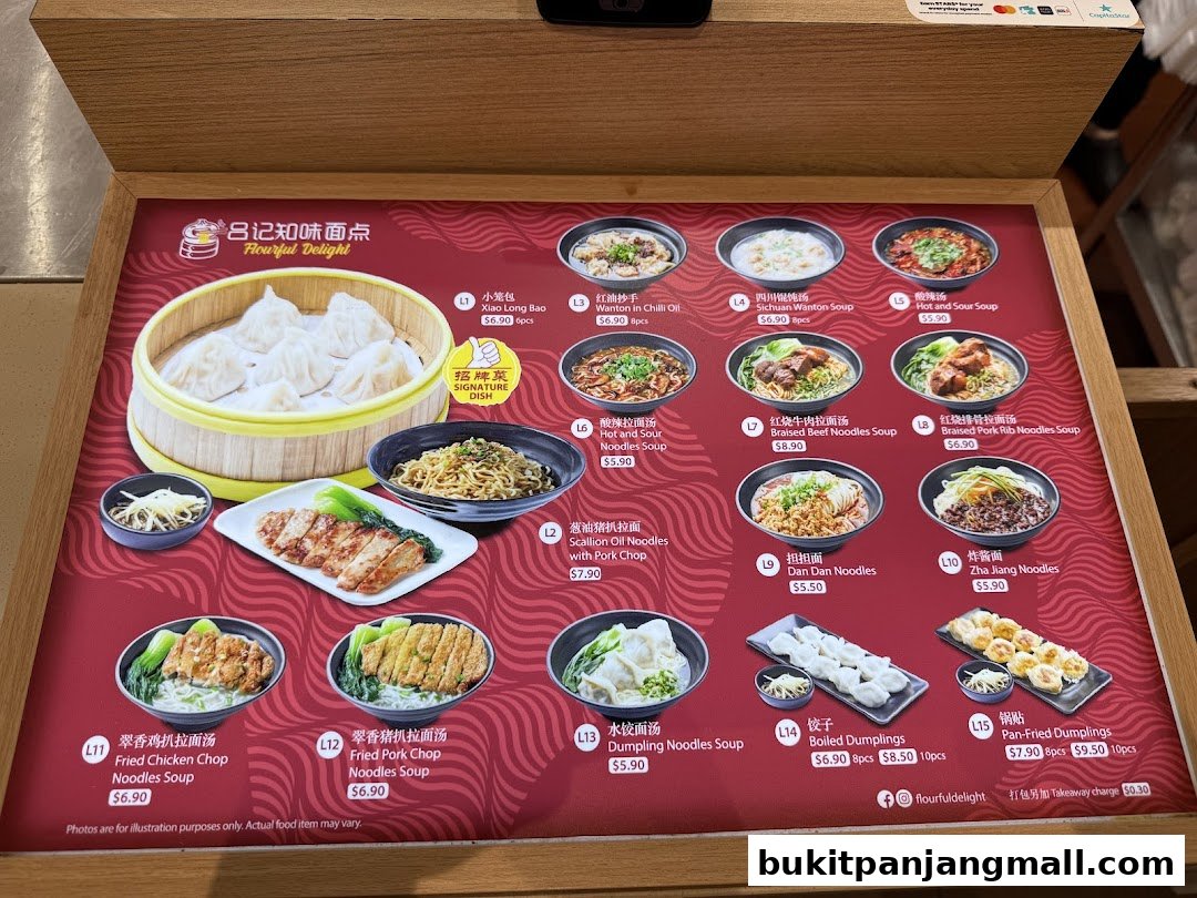 A menu display for Flourful Delight featuring various noodle soups, dumplings, and other Asian dishes.