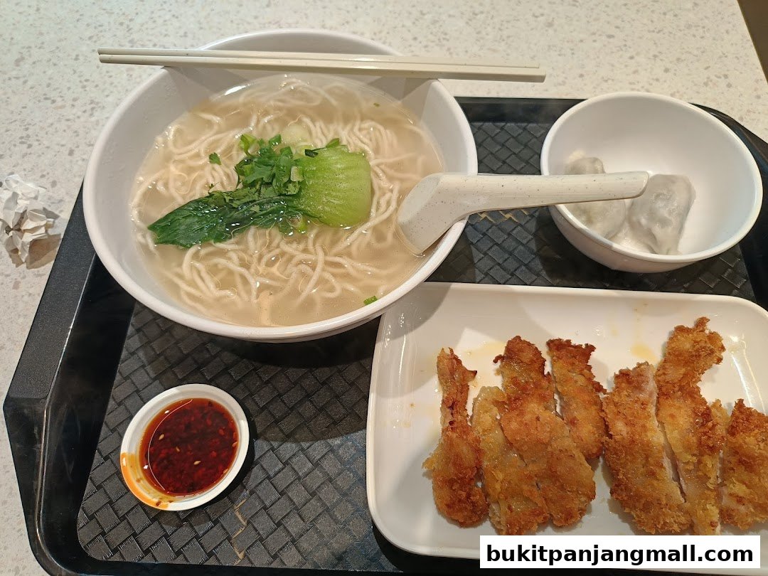 A tray of Asian food featuring a bowl of noodle soup, dumplings, fried chicken, and dipping sauce.