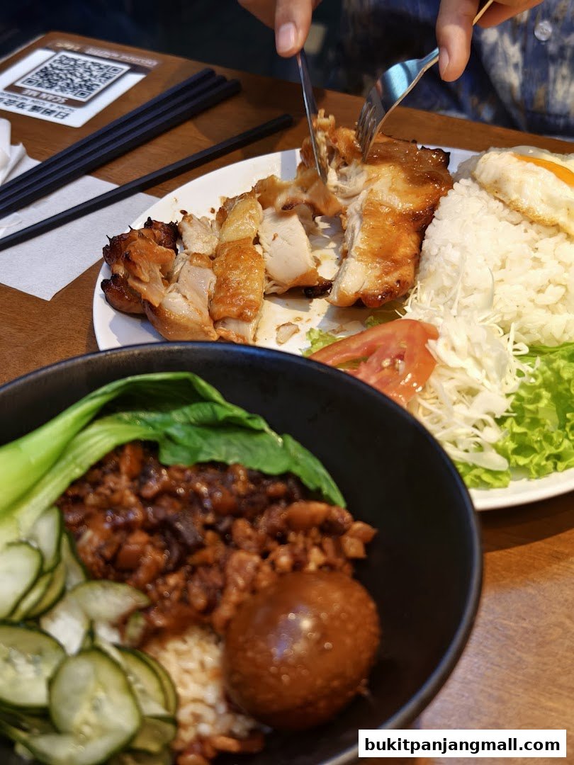 Close-up of two delicious Taiwanese dishes, one with braised pork and egg, the other with grilled chicken and rice.