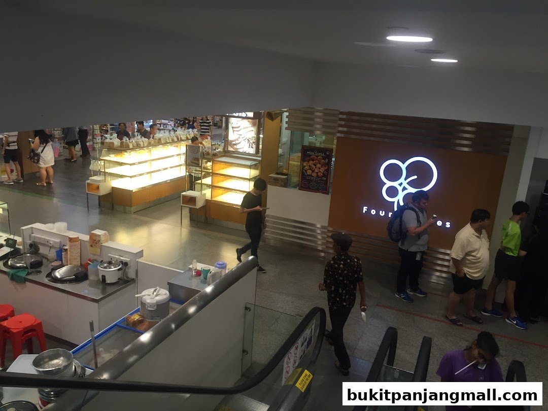 View of a bakery shop with display shelves and customers queuing.