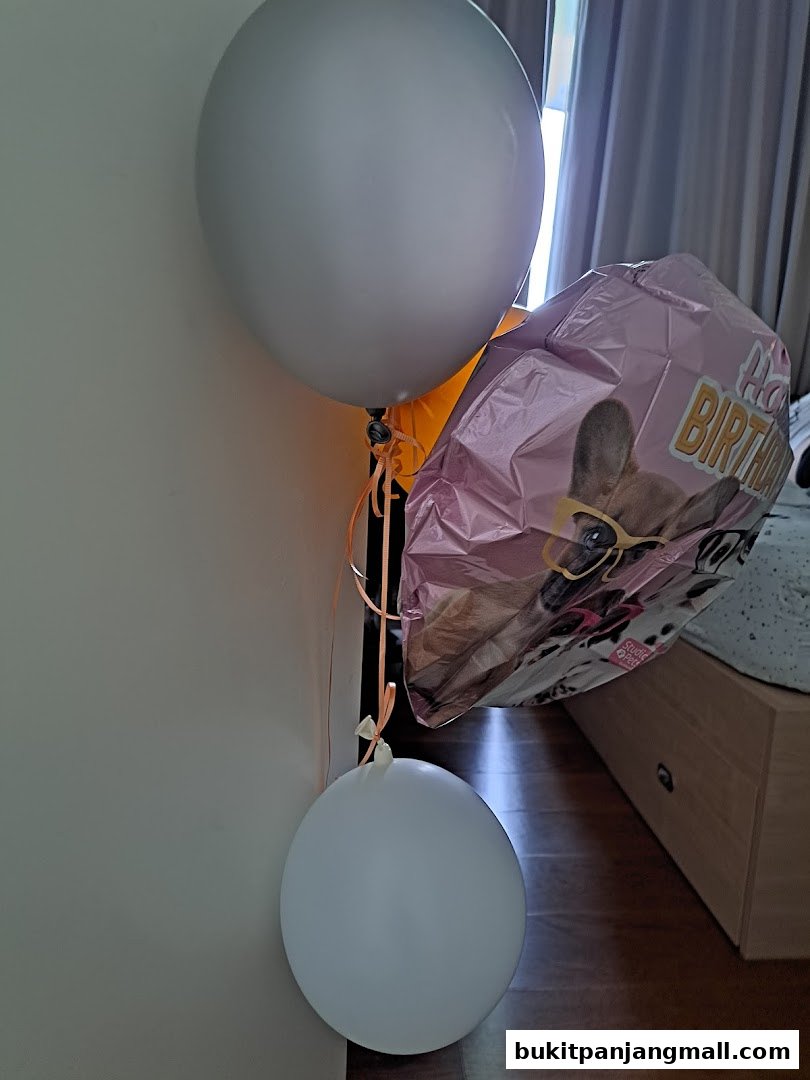 A collection of balloons, including a foil balloon with a dog wearing glasses and the text 'Happy Birthday'.