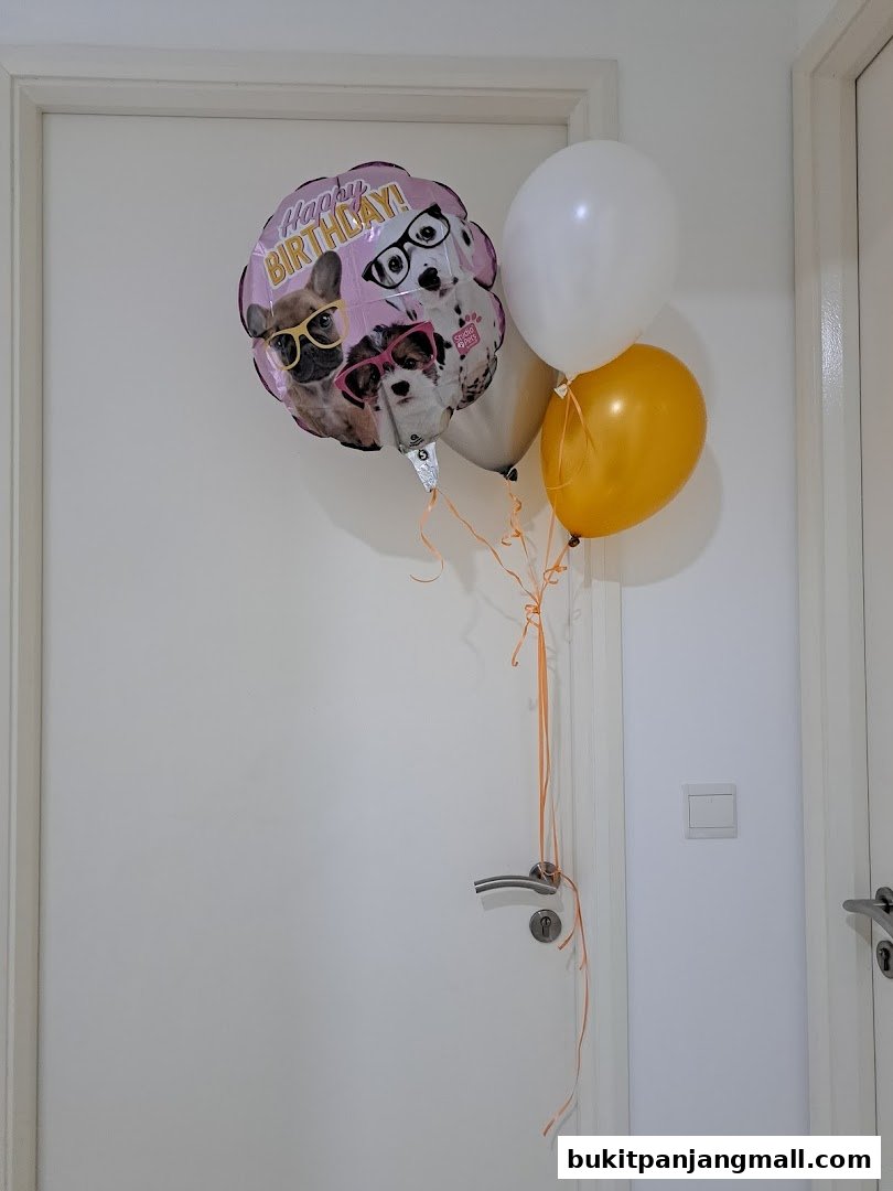 A bunch of balloons, including a 'Happy Birthday' balloon with dogs wearing glasses, tied to a door handle.