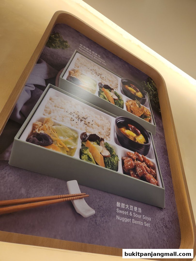 A display showcasing two bento box meals with chopsticks and a chopstick rest.