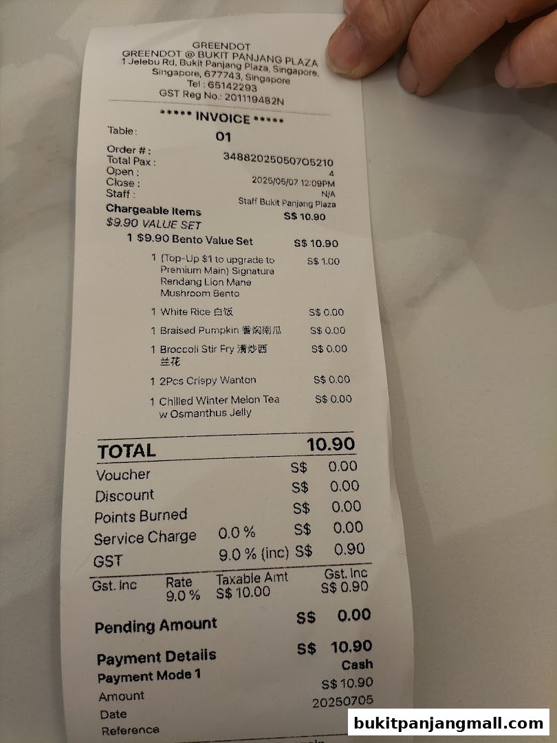 A receipt from Greendot Bukit Panjang Plaza showing a $9.90 value set meal.