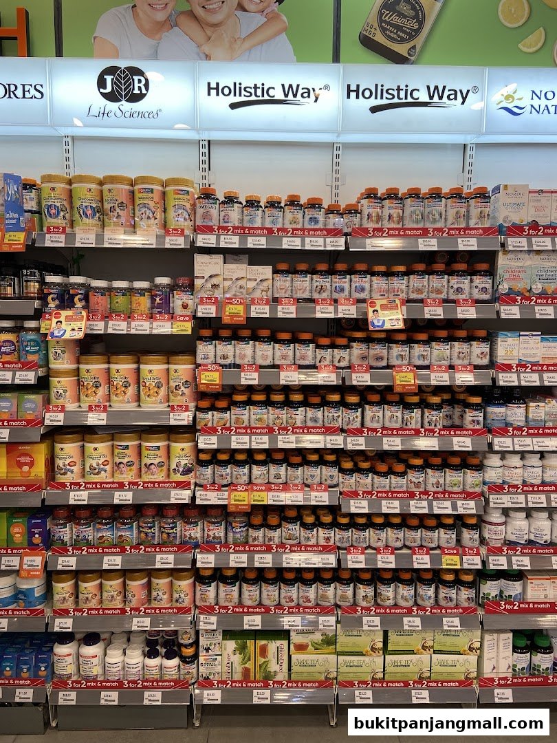 Shelves stocked with various health supplements and vitamins in bottles and boxes.