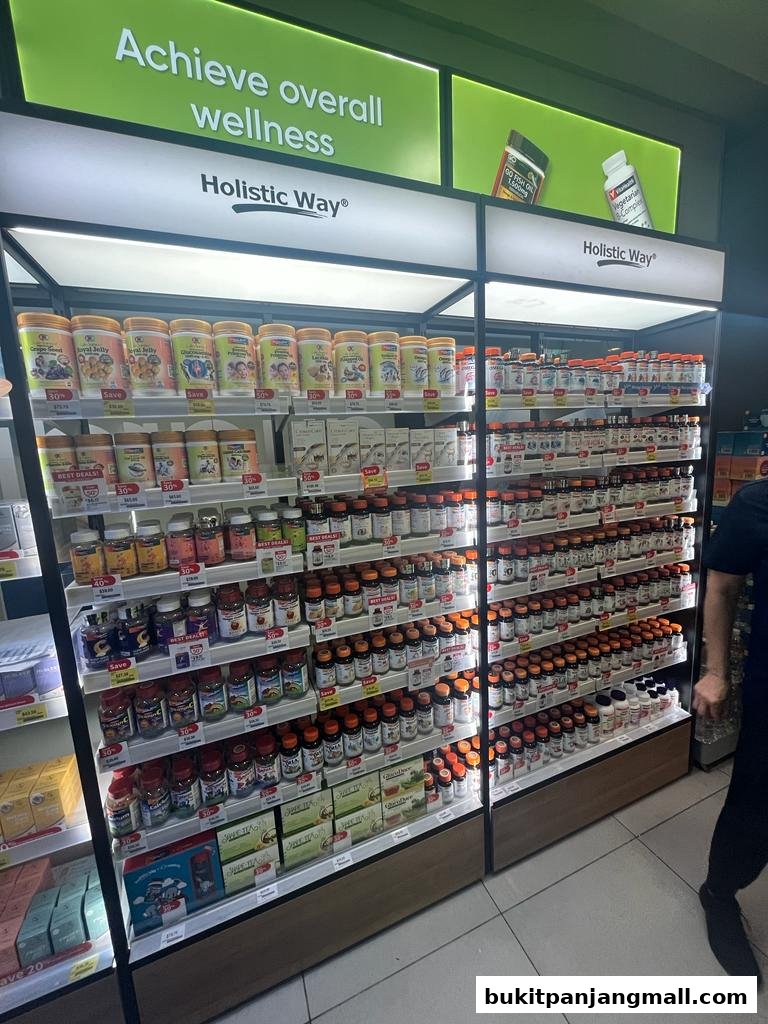 Shelves stocked with various health supplements and wellness products.