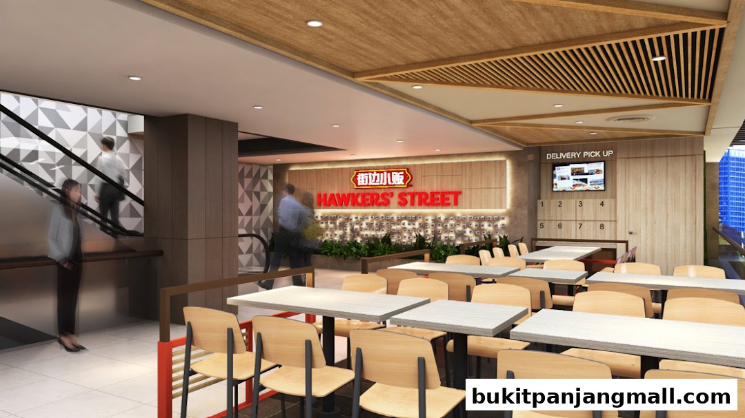 Interior view of Hawkers' Street with seating, escalators, and a delivery pick-up station.