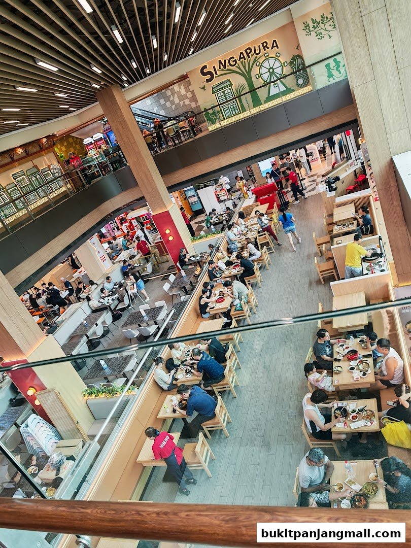 A busy multi-level dining area with many people eating at tables.