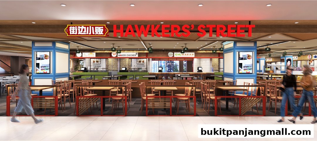 A wide shot of the Hawkers' Street food court with tables and chairs, and various food stalls visible.