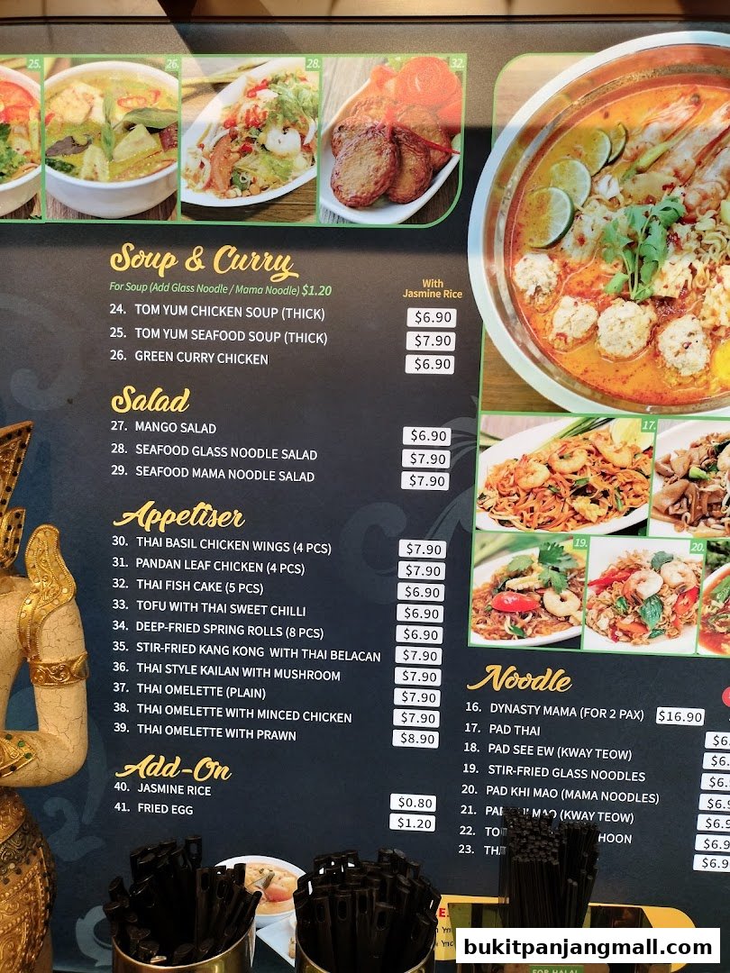 A menu featuring Thai soups, curries, salads, appetizers, and noodles with prices.