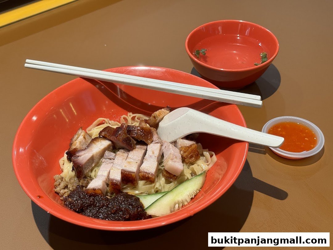 A bowl of delicious noodles with roasted pork and crispy pork belly, served with soup and chili sauce.