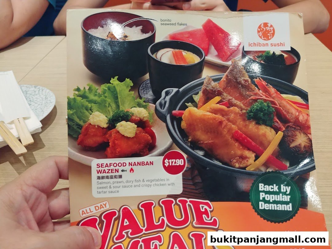 A menu from Ichiban Sushi featuring a Seafood Nanban Wazen set meal.