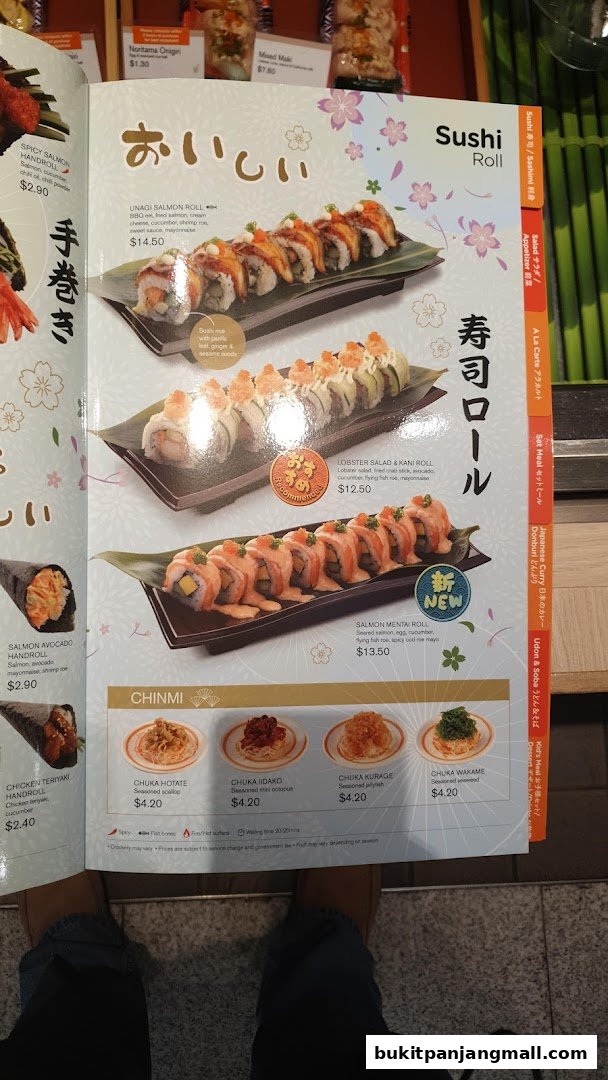 A menu showcasing various sushi rolls and side dishes with appealing food photography.