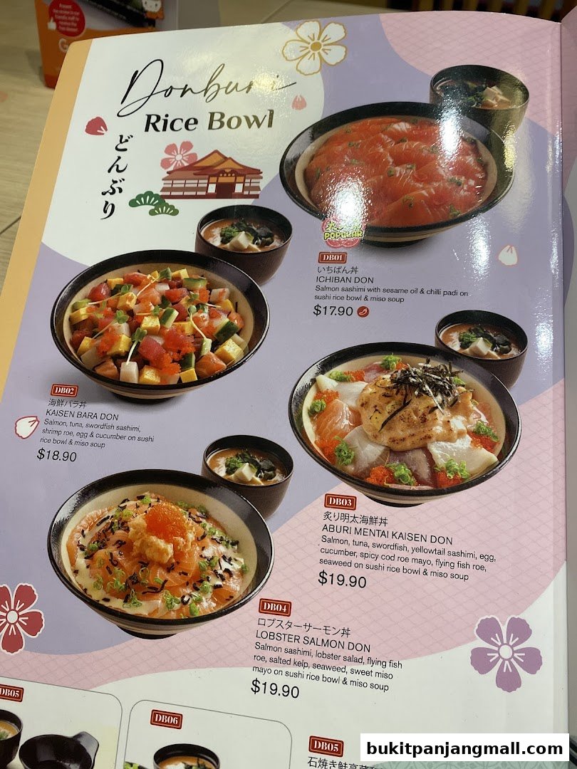 A menu showcasing various Donburi rice bowls with fresh ingredients and accompanying miso soup.