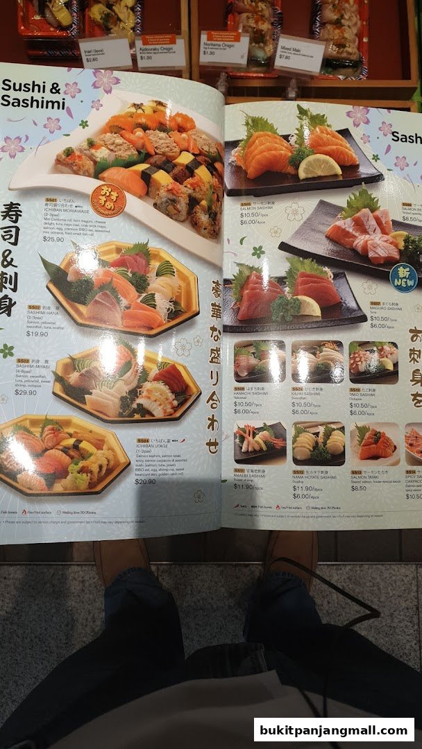 A menu showcasing various sushi and sashimi platters with detailed descriptions and prices.