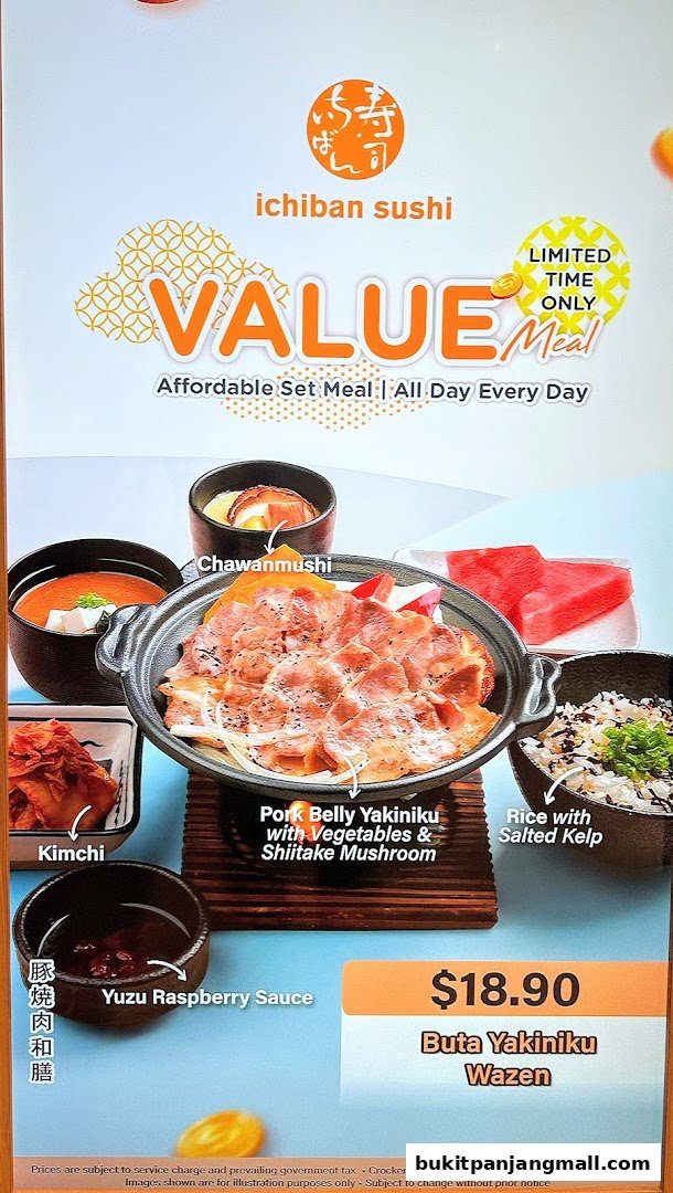 A promotional image for Ichiban Sushi's limited-time value set meal featuring pork belly yakiniku.