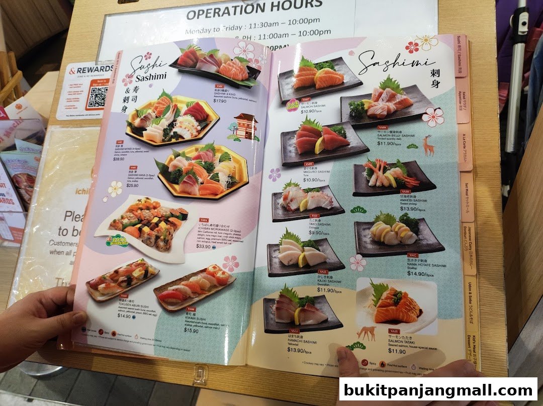 A menu from Ichiban Sushi featuring various sushi and sashimi platters with prices.