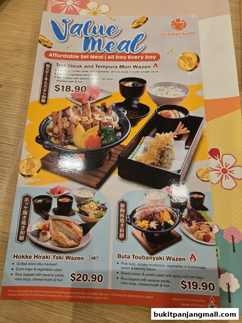 A menu from Ichiban Sushi featuring value meals like steak, tempura, and grilled fish.