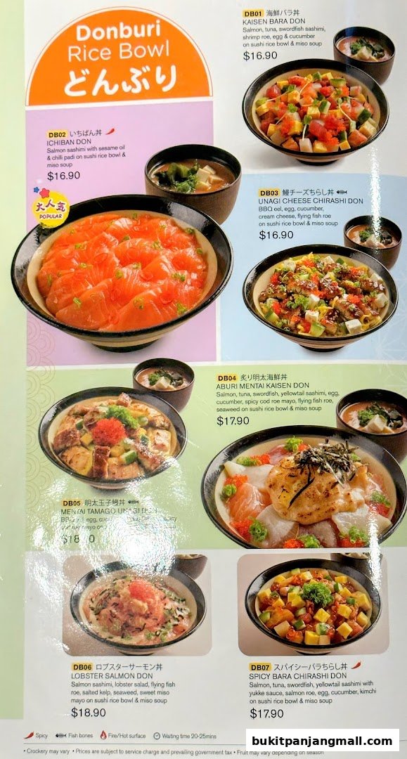 A menu showcasing various Donburi Rice Bowls with colorful ingredients and prices.