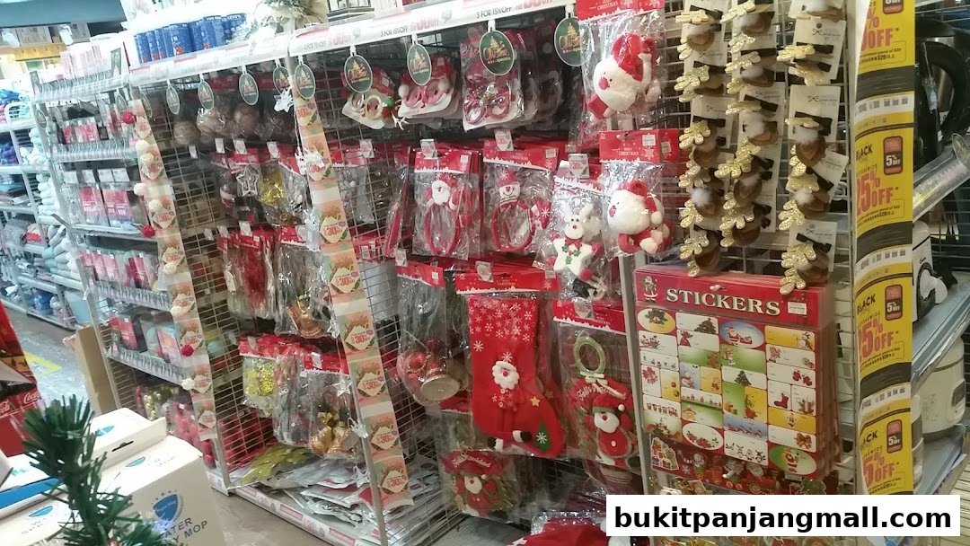 Shelves stocked with various Christmas-themed decorations and accessories.