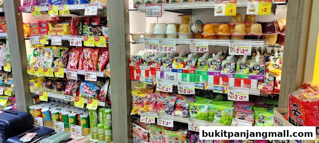 Shelves stocked with various Japanese and Korean snacks, drinks, and desserts.