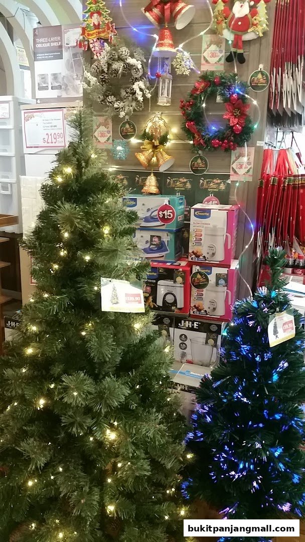 Christmas trees and festive decorations displayed in a retail store.