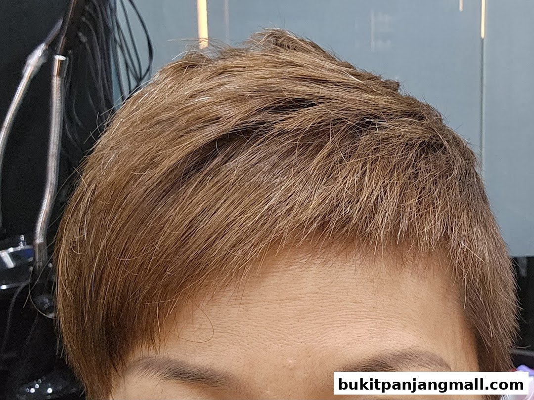 Close-up of a person's short, styled brown hair and forehead.