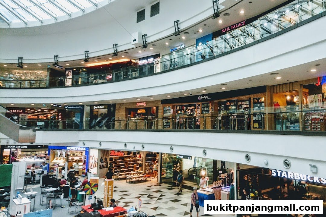 Interior view of a multi-level shopping mall with various retail stores and shoppers.