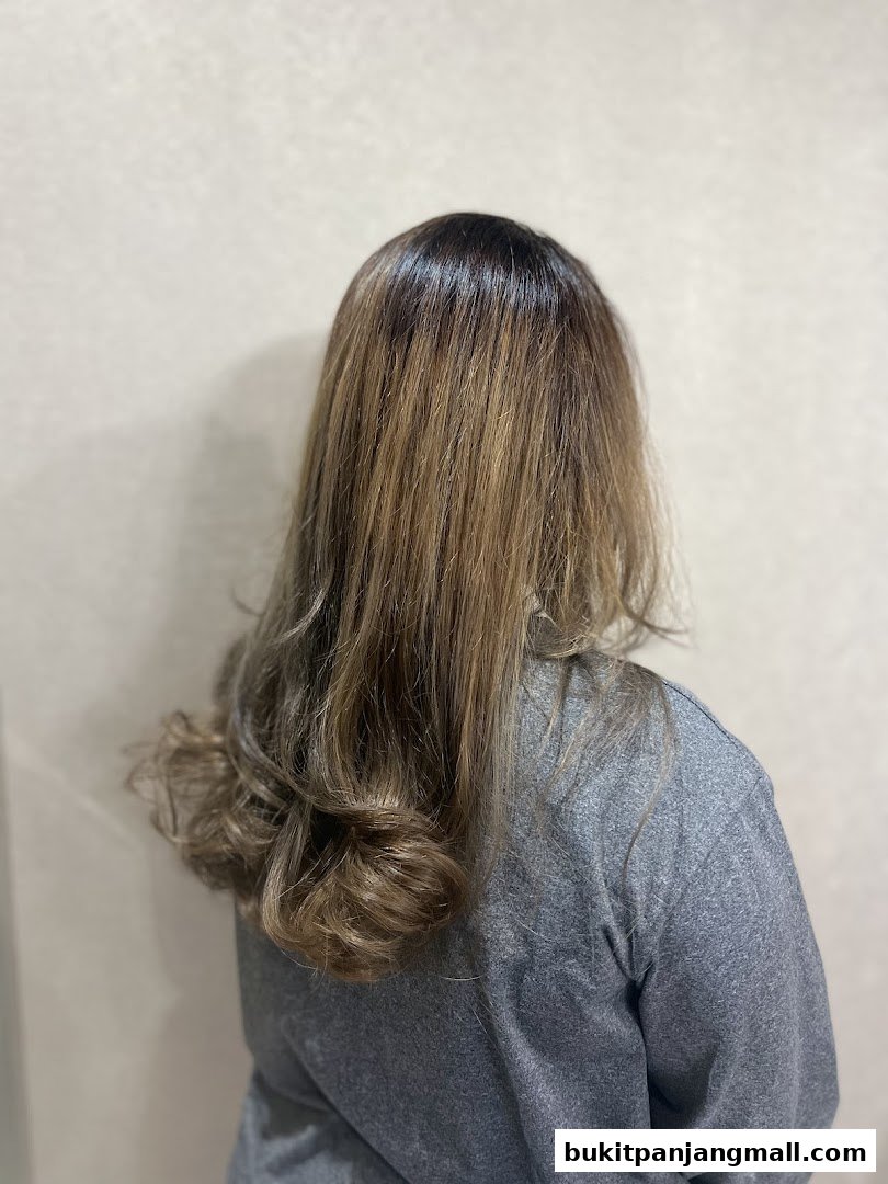 A woman's back with beautifully styled, long, layered hair with highlights.
