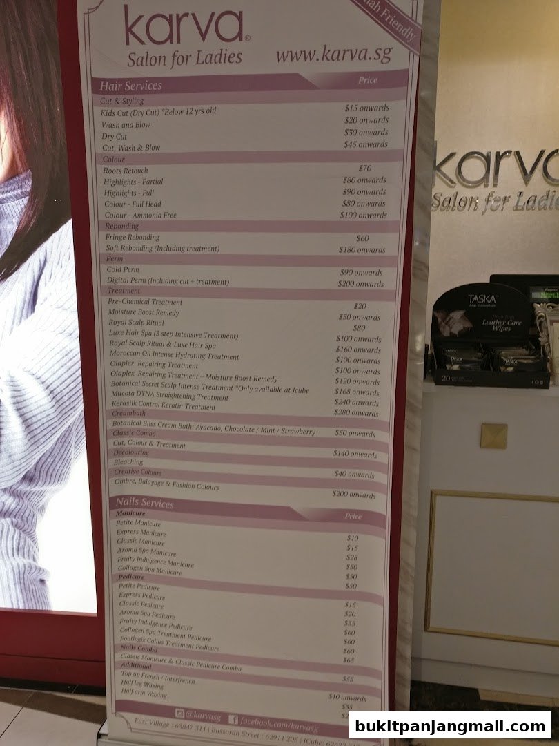 A price list for Karva Salon for Ladies, detailing hair and nail services.