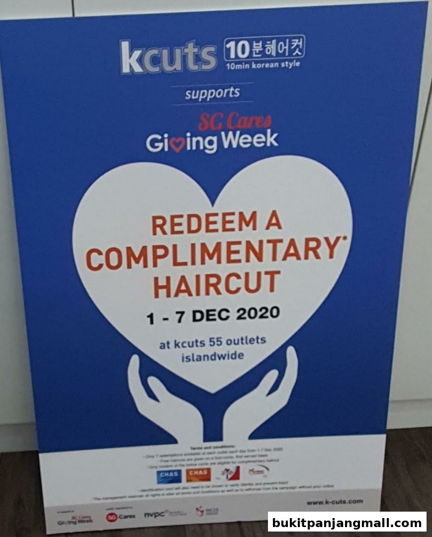 A promotional poster for kcuts offering a complimentary haircut during SG Cares Giving Week.