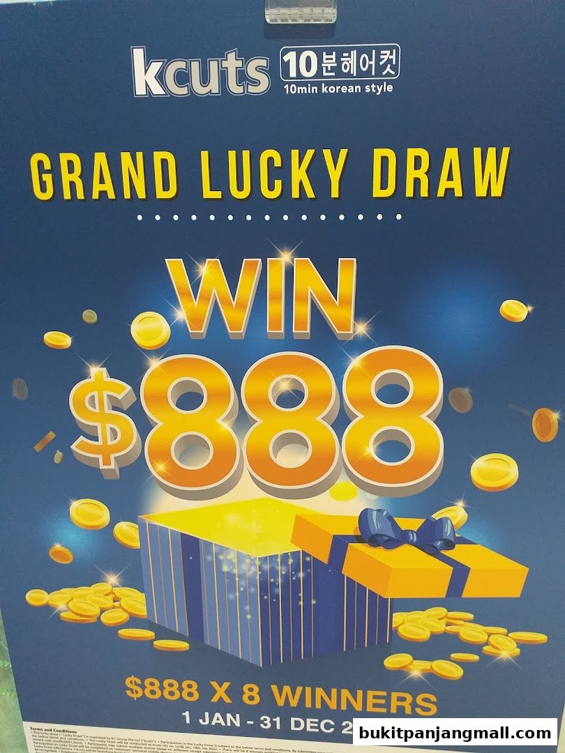 A promotional poster for Kcuts hair salon's Grand Lucky Draw, featuring a chance to win $888.