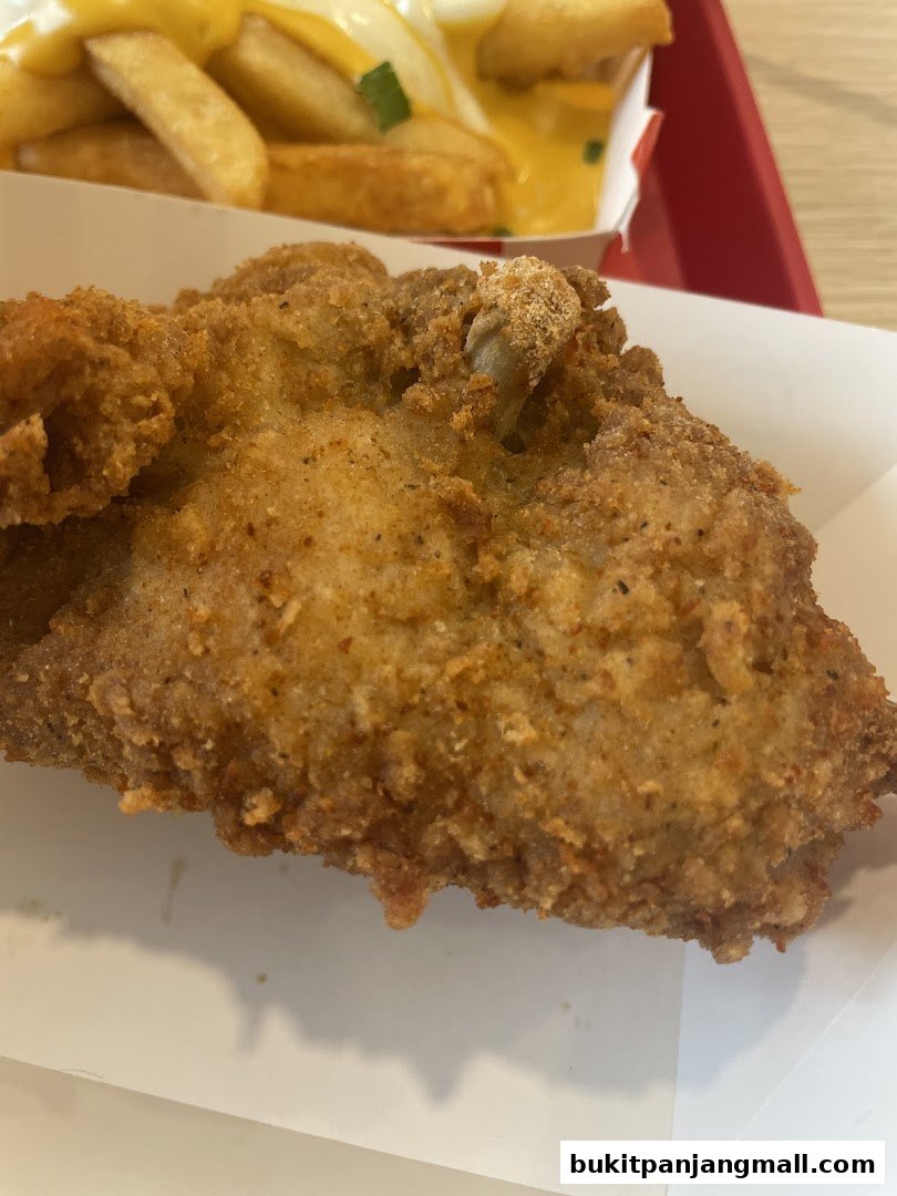 Close-up of crispy fried chicken with cheese fries in the background.