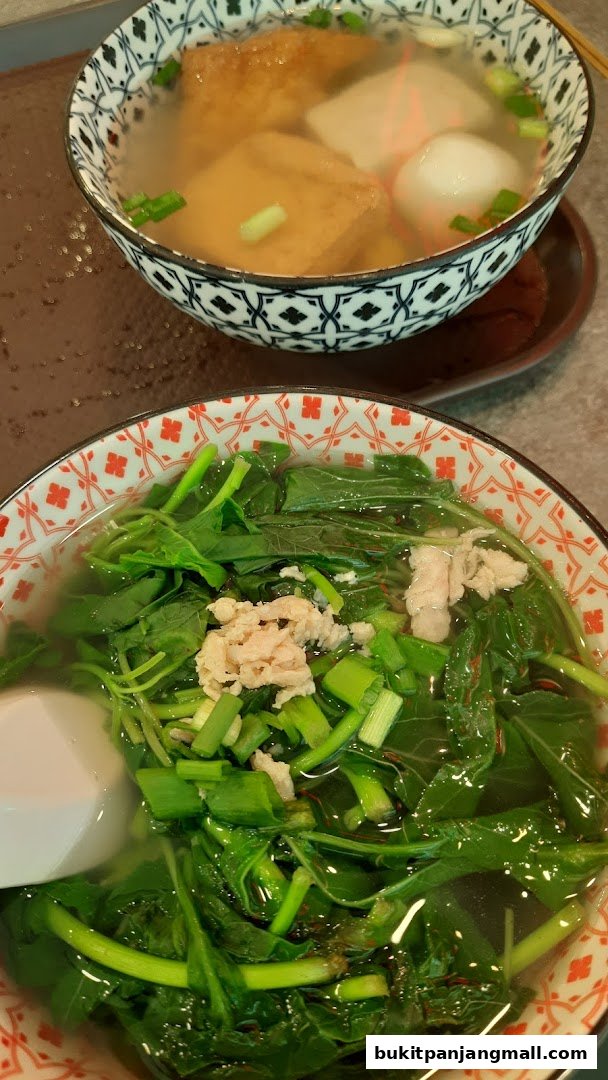 Two bowls of soup with vegetables, tofu, and meatballs, garnished with spring onions.