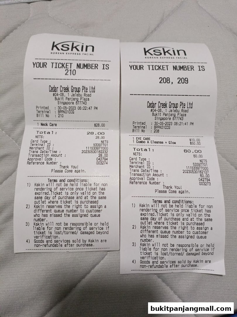 Two Kskin Korean Express Facial receipts showing ticket numbers and service details.