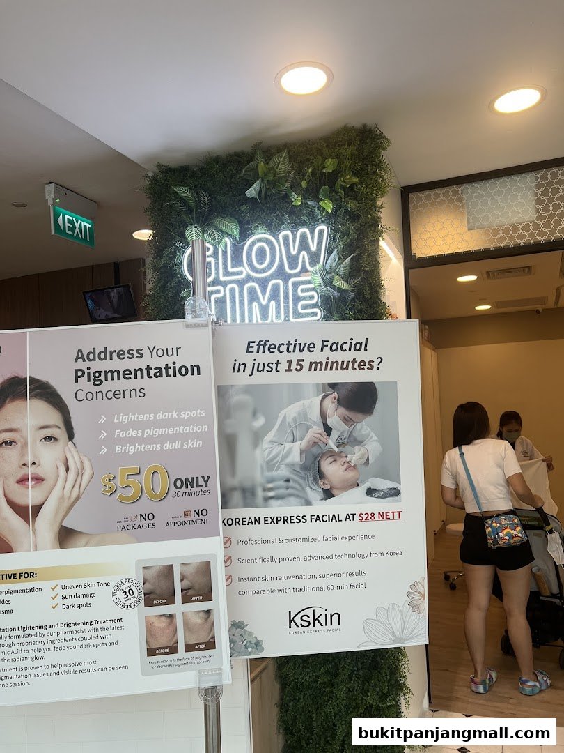 Shop front display with promotions for Korean express facials and pigmentation treatments.
