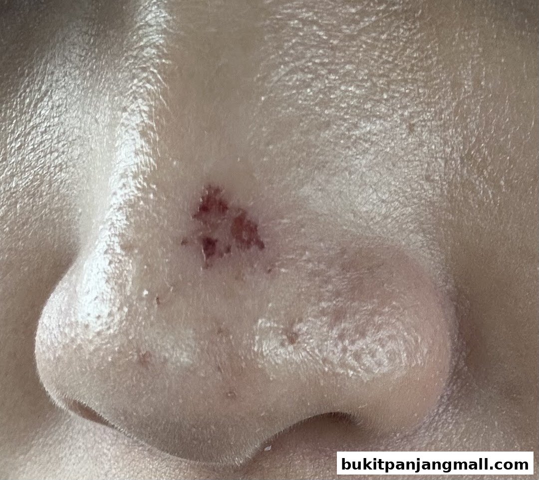 Close-up of a nose with visible blemishes and redness.